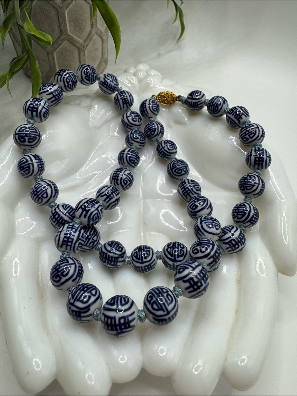 Vintage Chinese Knotted Ceramic/Porcelain Blue & White Bead Necklace, EUC. 22”